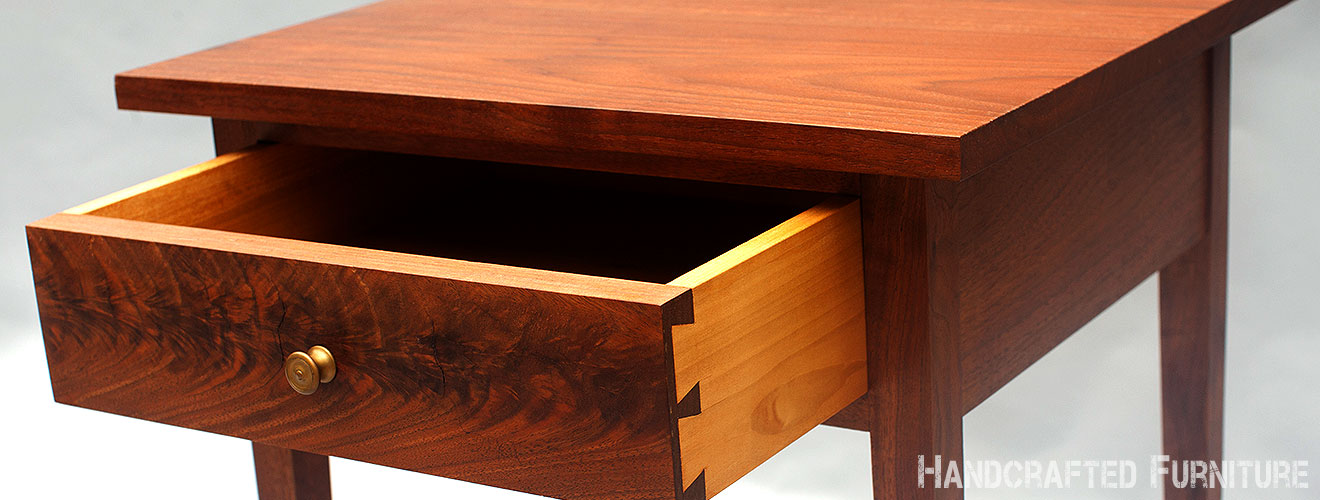 Handcrafted solid walnut wood side table with a burly walnut drawer face